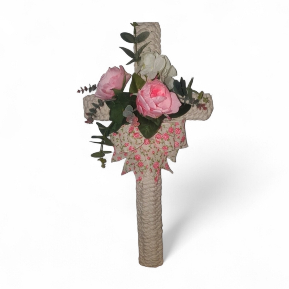 Handcrafted Macrame Cross with Pink Florals